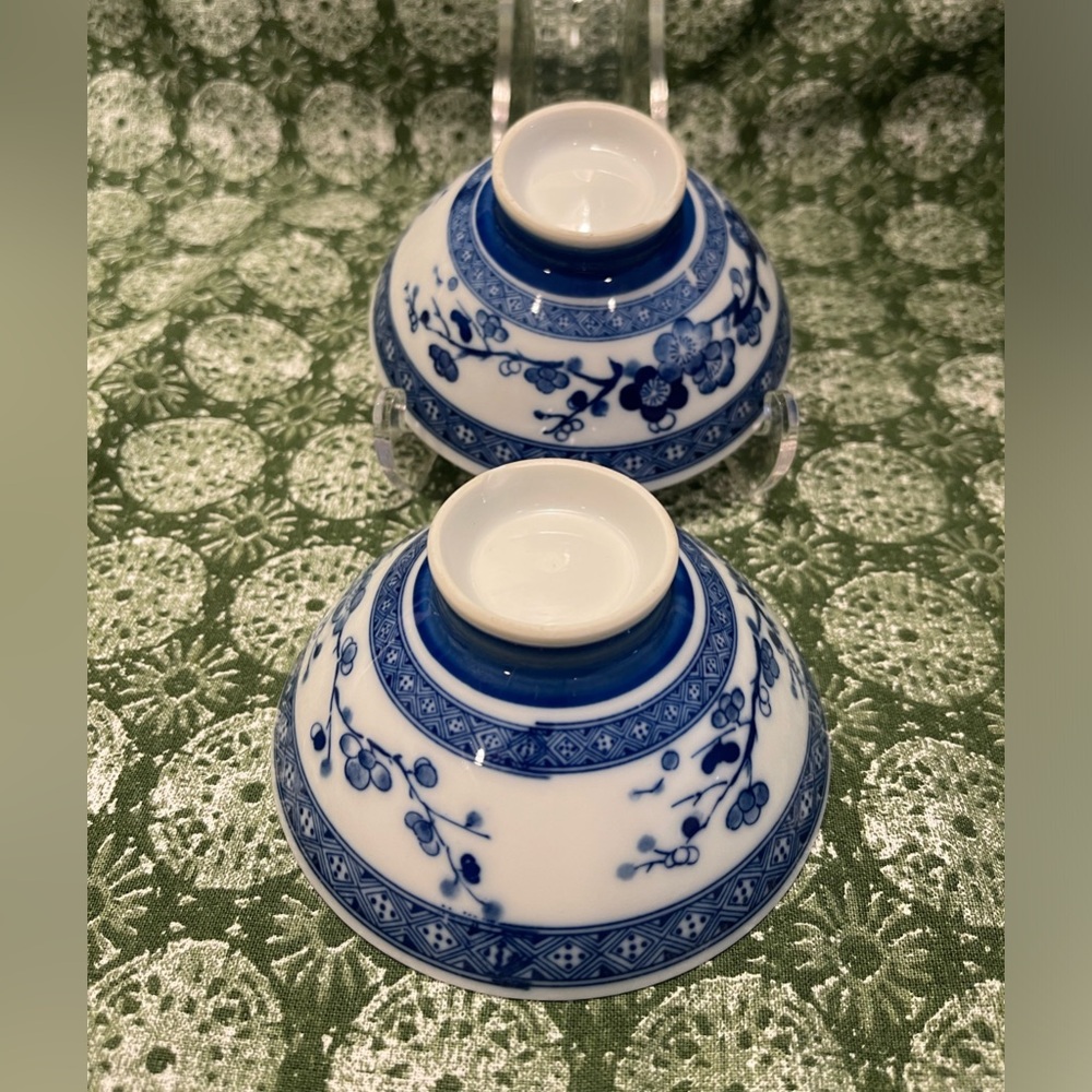 Vintage Asian Rice Footed Bowls  Blue and White Flowers Set Of  2